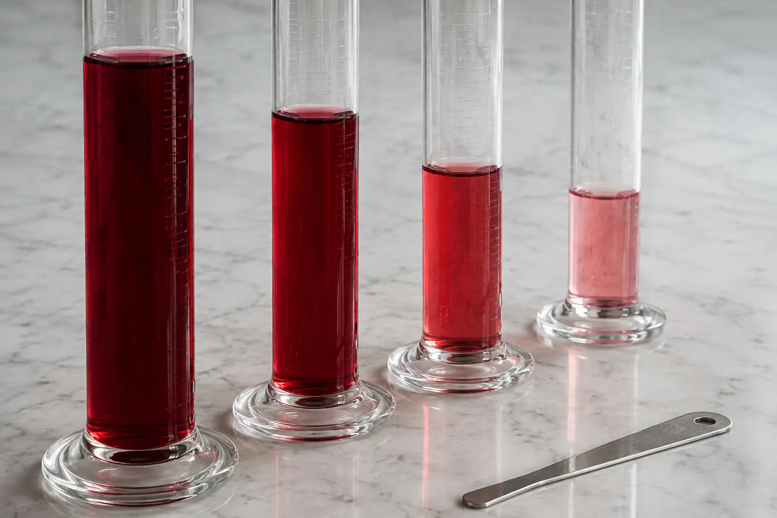 Graduated glass vessels holding cranberry-red reference liquid