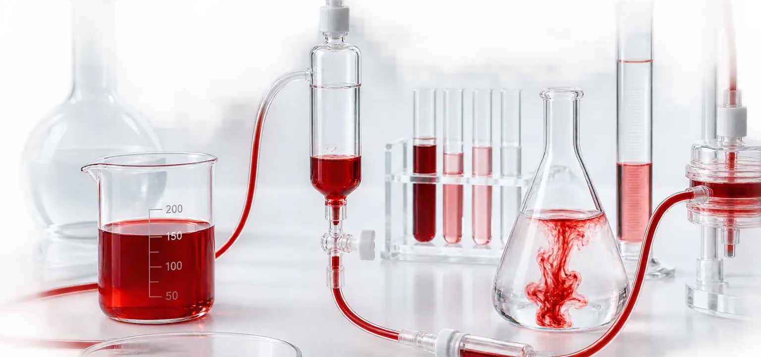 Controlled red fluid moving through laboratory glassware