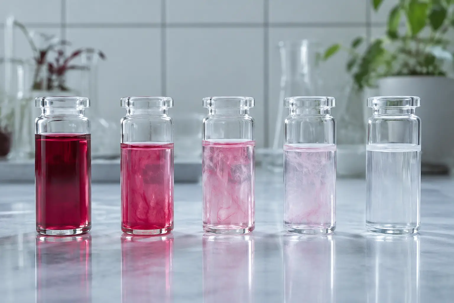 A botanical crimson liquid fading through a measured sequence of clear vessels